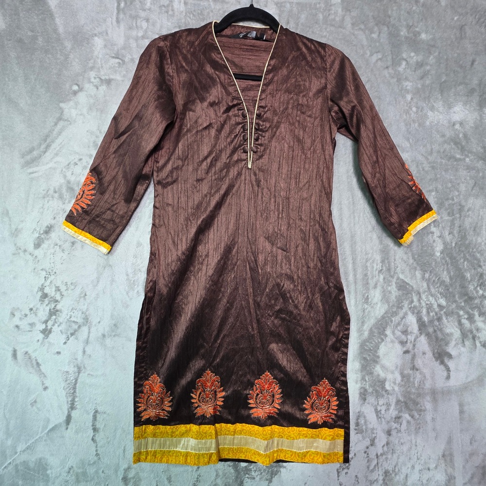 Globus Kids Brown Embroidered Kurti Tunic Top V-Neck Festive Size M